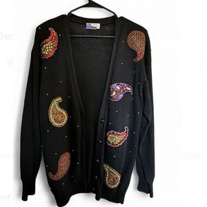 Vintage Paisley Embellished beaded Black Cardigan size small